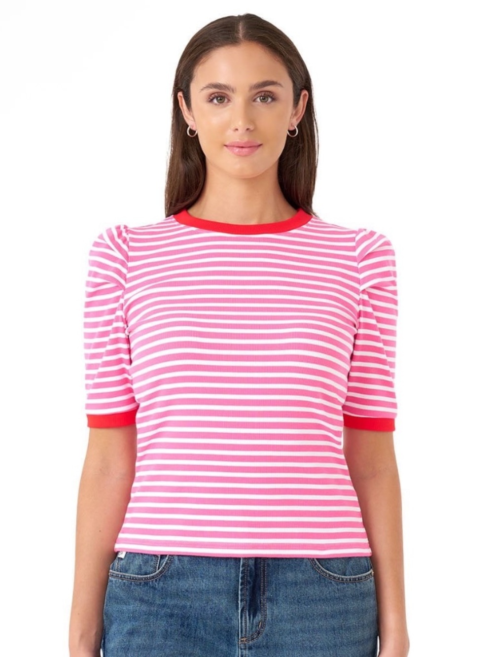 Rebecca Minkoff Pink White Striped Ribbed Puff Sleeve Top Size XL